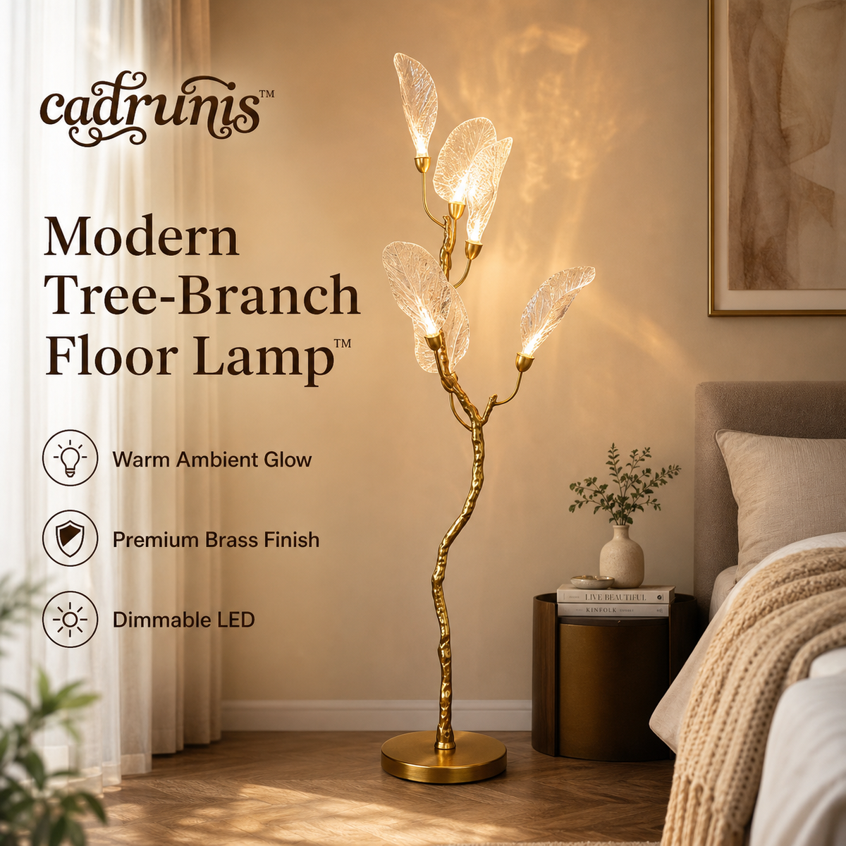 Cadrunis™ Premium Brass Leaf LED Floor Lamp – Modern Minimalist Decorative Standing Light for Luxury Villa, Living Room & Hotel Lobby Ambiance