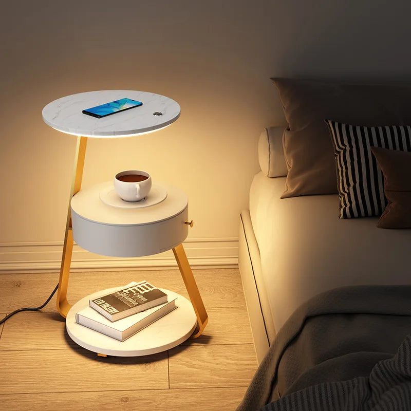 Cadrunis™ Luxury Modern Wood Marble Floor Lamp – Elegant LED Standing Light with Metal Frame & Wireless Charging for Bedroom, Living Room and Coffee Table Decoration
