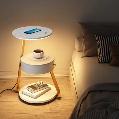 Cadrunis™ Luxury Modern Wood Marble Floor Lamp – Elegant LED Standing Light with Metal Frame & Wireless Charging for Bedroom, Living Room and Coffee Table Decoration